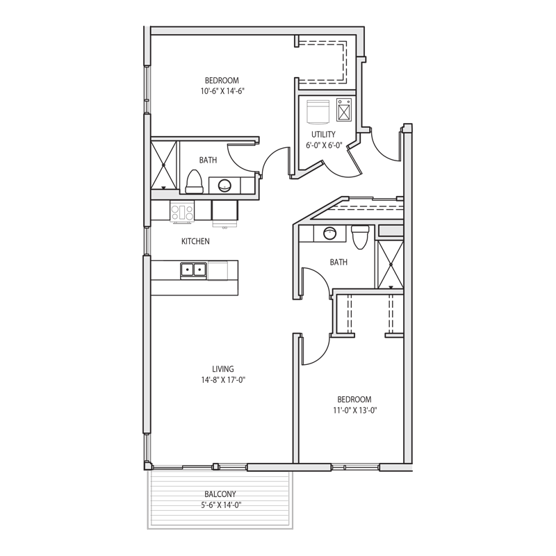2 Bedroom Evenly Spaced Floor Plan