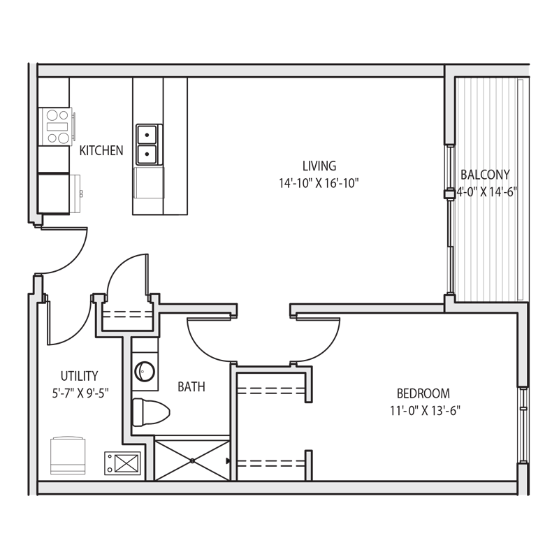 1 Bedroom with Kitchen Island Floor Plan