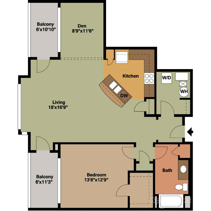 1 Bedroom with 2 Balconies Floor Plan