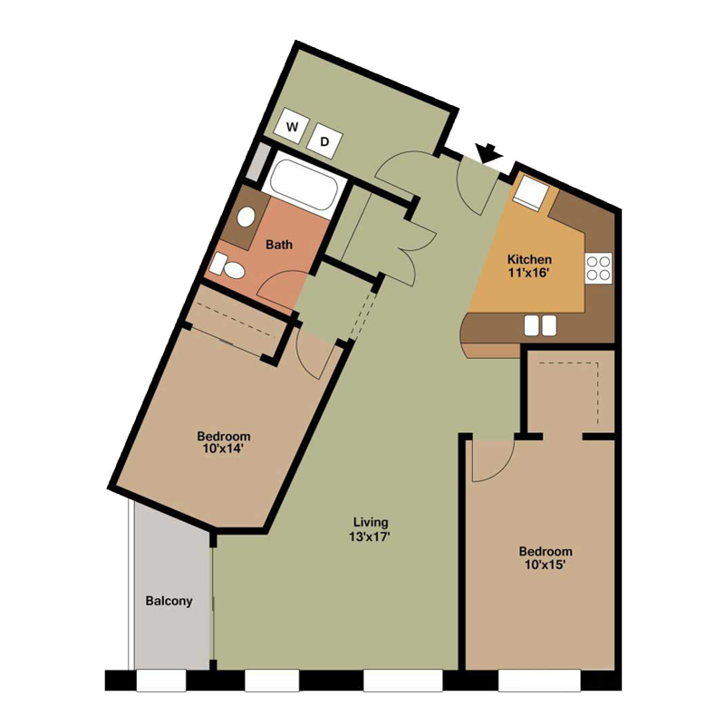2 Bed and 1 Bath with Large Living Room Floor Plan