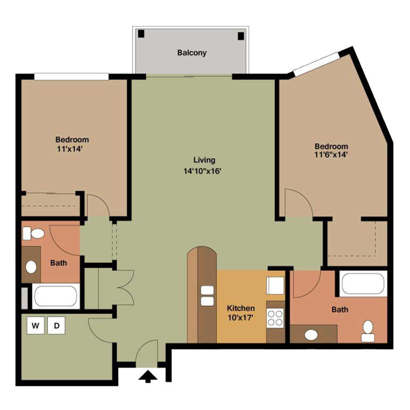 2 Beds with Living Room Between Rooms Floor Plan