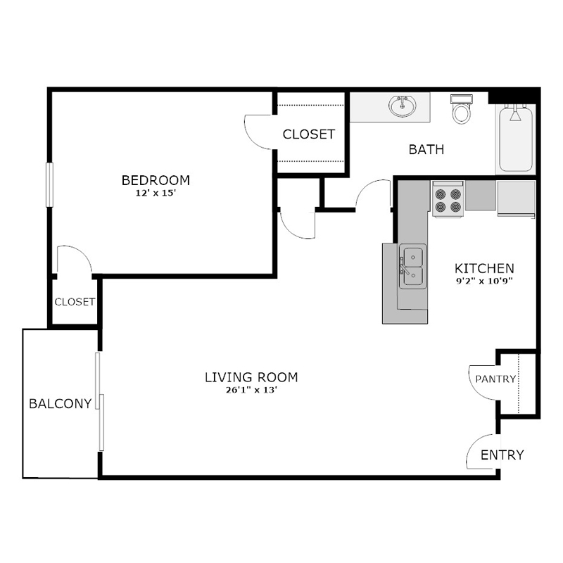 1 Bed and Bath with 2 Bedroom Closets