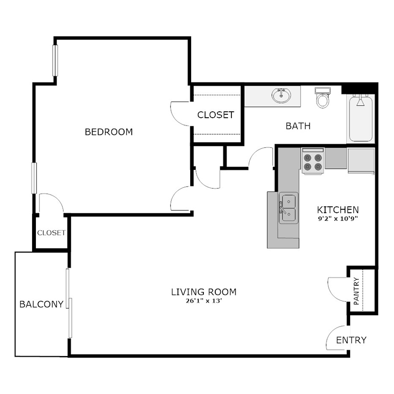 1 Bedroom Apartment with Balcony Floor Plan